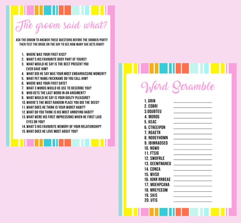 BRIDAL SHOWER / HEN / BACHELORETTE PARTY GAMES PACK IN RAINBOW THEME